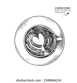 Coffee set. Hand drawn coffee cup from above. top view of mug of cappuccino or latte. Vector engraved icon. Morning fresh drink. For restaurant and cafe menu, coffee shop flyer, banner design template.