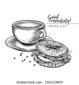 Coffee set. Hand drawn coffee cup of cappuccino or late and bagel. Breakfast bakery with coffee. Vector engraved icon. Morning fresh drink. For restaurant and cafe menu, coffee shop design template.