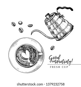 Coffee set. Hand drawn coffee cup from above and kettle. top view of mug of cappuccino. Vector engraved icon. Morning fresh drink. For restaurant, cafe menu, coffee shop flyer, banner design template.