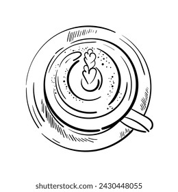 Coffee set. Hand drawn coffee cup from above. top view of mug of cappuccino or latte. Vector engraved icon. Morning fresh drink. For restaurant cafe menu, coffee shop flyer, banner design template.