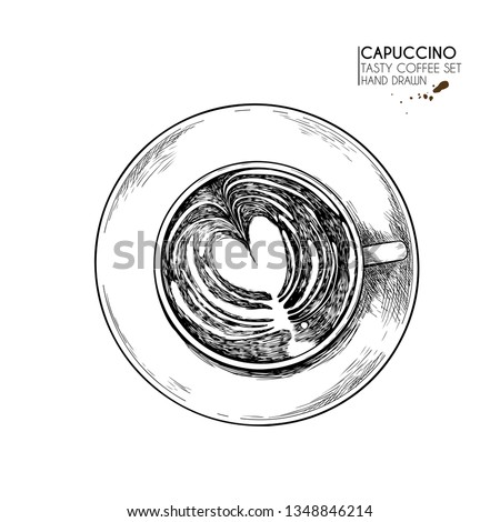 Coffee set. Hand drawn coffee cup from above. top view of mug of cappuccino or latte. Vector engraved icon. Morning fresh drink. For restaurant and cafe menu, coffee shop flyer, banner design template.