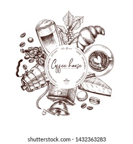 Coffee set. Hand drawn cups, croiisant, kettle, pie, grinder, macaronii, grain. Vector vintage icons. Coffee shop design template. Brand identity, restaurant or cafe menu. Trendy barista branding
