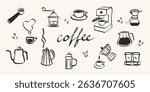 Coffee set in hand drawn doodle style. Retro whimsical symbols for cafeteria menu and business breakfast invitation. Trendy and cute art for social media. La dolce vita vector illustration