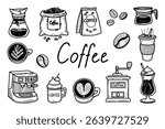 Coffee set. Hand drawn doodle vector. Drink mug. Cafe equipment, brewing, grinding, bean bag, filter, kettle. Espresso, cappuccino, latte, raf. Illustration line art collection of elements.
