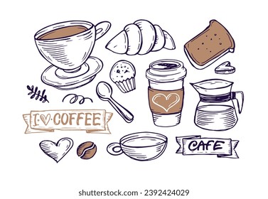 Coffee set. Hand drawn doodle coffee art, design elements, template for fabric, cafe, menu, pattern.