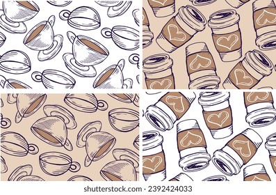 Coffee set. Hand drawn doodle coffee art, design elements, template for fabric, cafe, menu, pattern.