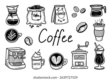 Coffee set. Hand drawn doodle vector. Drink mug. Cafe equipment, brewing, grinding, bean bag, filter, kettle. Espresso, cappuccino, latte, raf. Illustration line art collection of elements.