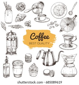 Coffee. Set of hand drawn elements, vintage sketch vector illustration, including syrup, brewer, cup cake, french press, ice coffee, cappuccino, turkish coffee, bakery.