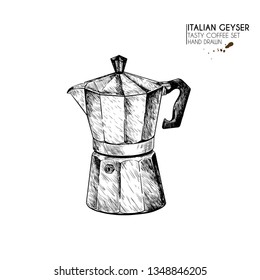 Coffee set. Hand drawn coffee geyser, italian mocha, anchient equipment for espresso. Vector engraved icon. Morning fresh drink. Restaurant and cafe menu, coffee shop flyer, banner design template.