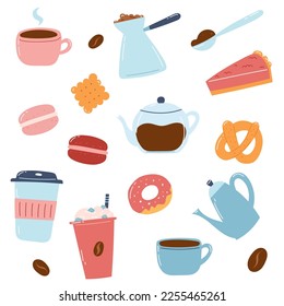 Coffee set. Hand drawn icons of coffee makers, cups, sweets, bakery in cartoon flat style.