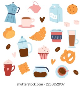 Coffee set. Hand drawn icons of coffee makers, cups, sweets, bakery in cartoon flat style.