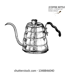 Coffee set. Hand drawn coffee kettle, modern alternative barista equipment. Vector engraved icon. Morning fresh drink. For restaurant and cafe menu, coffee shop flyer, banner design template.