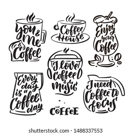 Coffee set hand drawn lettering composition and clipart element for logos, posters, templates, postcard, banner, etc. Print logo doodle on cup, bag, shirt. Typography phrase eps10