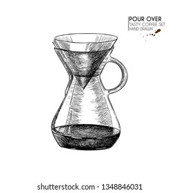 Coffee set. Hand drawn pour over, modern alternative barista equipment. Vector engraved icon. Morning fresh drink. For restaurant and cafe menu, coffee shop flyer, banner design template.