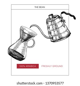Coffee set. Hand drawn pour over and coffe kettle. Alternative brewing method. Vector engraved icon. Packaging design in brutalism. Label template, brand identity, coffee shop, restaurant menu