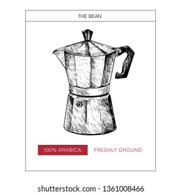 Coffee set. Hand drawn retro geyser italian moca. Ancient espresso making method. Vector engraved icon. Packaging design in brutalism. Label template, brand identity, coffee shop, restaurant menu.