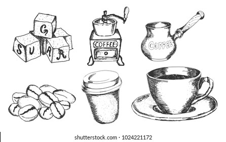 Coffee set. Hand drawn sketch style  isolated on white background.  Eps10 vector.