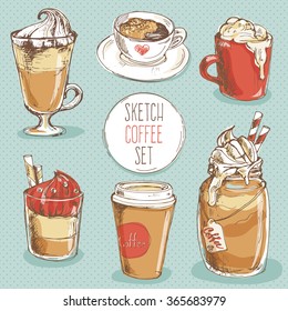 Coffee set; hand drawn sketch collection with cup of espresso, cappuccino, latte, mocha, dessert; drinks; elements for cafe menu, restaurant posters or postcards;