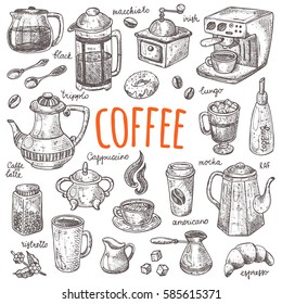 Coffee set. Hand drawn vector illustration. Maker, cup, pot, mug, donut, croissant, grinder, sugar, mill and other object for your design. Can be used for menu, bar, shop, cafe, restaurant.