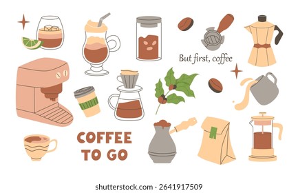 Coffee set of hand-drawn elements. Vector illustration