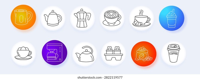 Coffee set icon. Cappuccino mug, moka brewer, latte art, takeaway cup, coffee machine, kettle heating, roasted beans, beverage carrier, cafe refreshment, morning aroma, hot drink culture