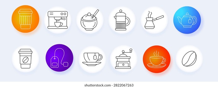 Coffee set icon. Espresso machine, teapot, french press, cezve brewing, takeaway beverage, grinder equipment, tea bag, roasted bean, cafe service, morning caffeine, hot refreshment