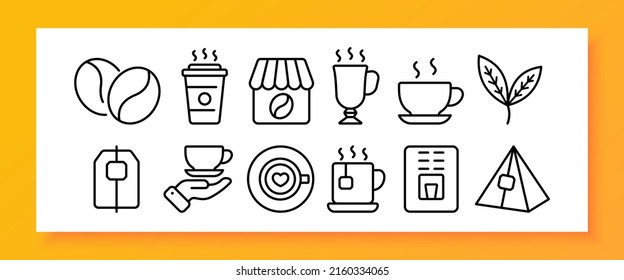 Coffee set icon. Grains of coffee, cocoa, cafe, latte, cappuccino, americano, mug, glass, tea, herbs, apparatus, tea bag, barista. Hot drink concept. Vector line icon for Business and Advertising