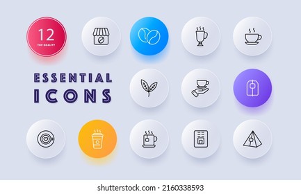 Coffee set icon. Grains of coffee, cocoa, cafe, latte, cappuccino, americano, mug, glass, tea, herbs, apparatus, tea bag, barista. Hot drink concept. Neomorphism. Vector line icon for Business