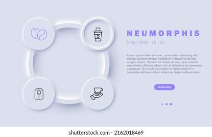 Coffee set icon. Latte, cappuccino, americano, mug, cup, cafe, barista, tea, tea bag. Hot drink concept. Neomorphism style. Vector line icon for Business and Advertising
