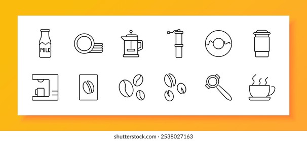 Icono de juego de café. Botella de leche, platillo, prensa francesa, molinillo, cápsula de café, taza, máquina de café espresso, granos de café, portafiltro. Herramientas e ingredientes para hacer café en casa o café.