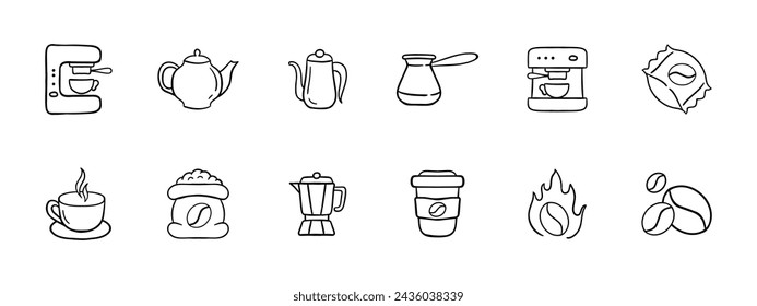 Coffee set icon. Pot,  maker, cup, blender, glass of instant coffee. Store bought coffee beans, a bag of beans. Coffee shop concept. Vector line icon.