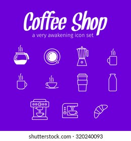 Coffee Set Icons Collection Latte Milk Croissant Caffeine Outline
