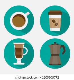 coffee set icons with a cup of coffee, latte, coffee makers
