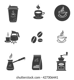 Coffee set icons. Flat vector illustration in black on white background.