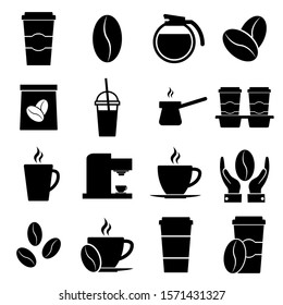 Coffee set icons, logo isolated on white background. Coffee is hot in glasses and cups