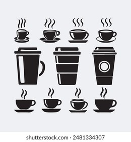 Coffee set icons. silhouette Glasses and cups for coffee, vector illustration on white background.