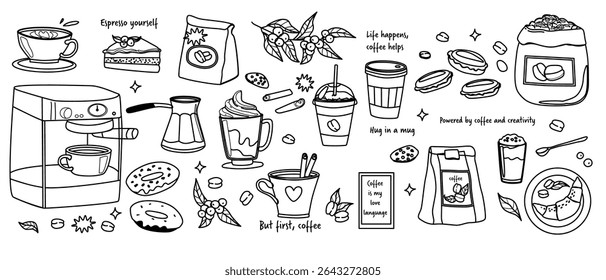 Coffee set illustration featuring cups, coffee beans, and inspirational quotes for cafe decor.