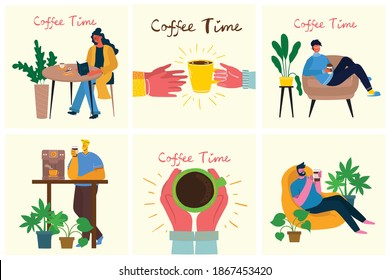 Coffee set illustrations. People spend their time in the cafeteria, drinking cappuccino, latte, espresso and eating desserts in the flat style