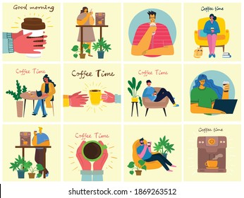 Ilustraciones del juego del café. La gente pasa su tiempo en la cafetería, bebiendo capuchino, latte, espresso y comiendo postres al estilo de la casa