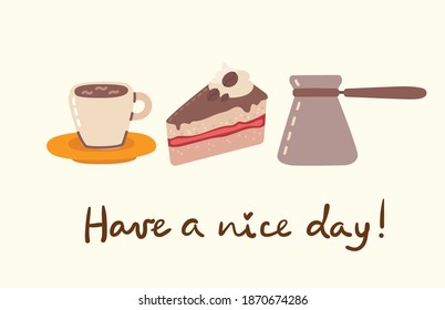 Coffee set illustrations. People spend their time in the cafeteria, drinking cappuccino, latte, espresso and eating desserts in the flat style