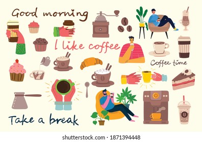 Coffee set illustrations. People spend their time in the cafeteria, drinking cappuccino, latte, espresso and eating desserts in the flat style