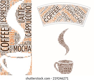 Coffee set (includes cup template) made of words.