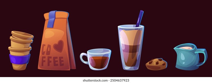 Conjunto de café aislado sobre fondo negro. Ilustración de dibujos animados de Vector de vasos de bebida para llevar, paquete de papel de granos molidos, espresso, café con leche, vidrio capuchino, galleta de chocolate, tarro de leche, iconos de menú de café