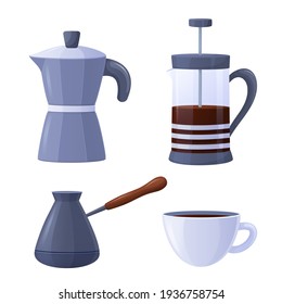 Coffee set isolated on white background. Vector illustration of a cup, french press, cezva, coffee maker. Collection of coffee lens in cartoon style
