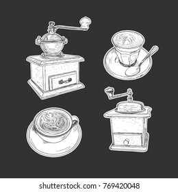 coffee set isolated vector. hand draw sketch style