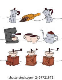 Coffee set. Italian coffee maker, wooden scoop, coffee machine, espresso cups, gooseneck kettle, grinders continuous one line colored illustration.