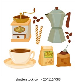 Coffee. A set of items for the preparation in the Coffee House. Decor element. Vector illustration isolated on white background.