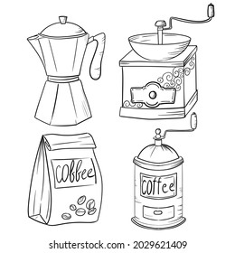 Coffee. A set of items for the preparation of nipitkov in the Coffee House. Decor element. Vector illustration isolated on white background.