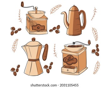 Coffee. A set of items for the preparation of nipitkov in the Coffee House. Decor element. Vector illustration isolated on white background.