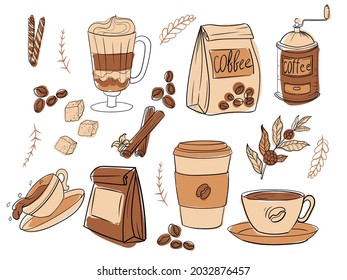Coffee. A set of items for the preparation of nipitkov in the Coffee House. Decor element. Vector illustration isolated on white background.